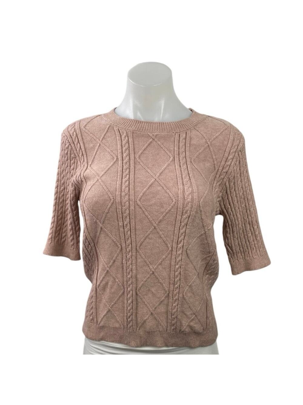 Philosophy Pink Short Sleeve Argyle Cable Knit Crew Neck Sweater Top Size L